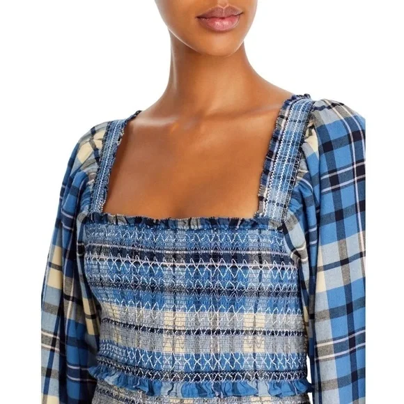 NEW LOVESHACKFANCY 90s Plaid Puff Sleeve Square Neck Smocked Tier Ruffle Dress M